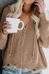 Zipper V-Neck Dropped Sleeve Hooded Solid Sweater
